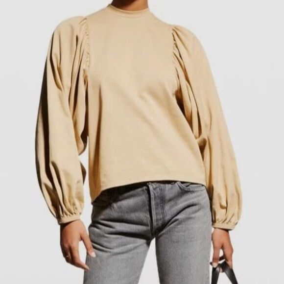 Moussy Vintage Beige Form Blouson-Sleeve Blouse Top Sz XS Quiet Luxury Preppy - Picture 1 of 9